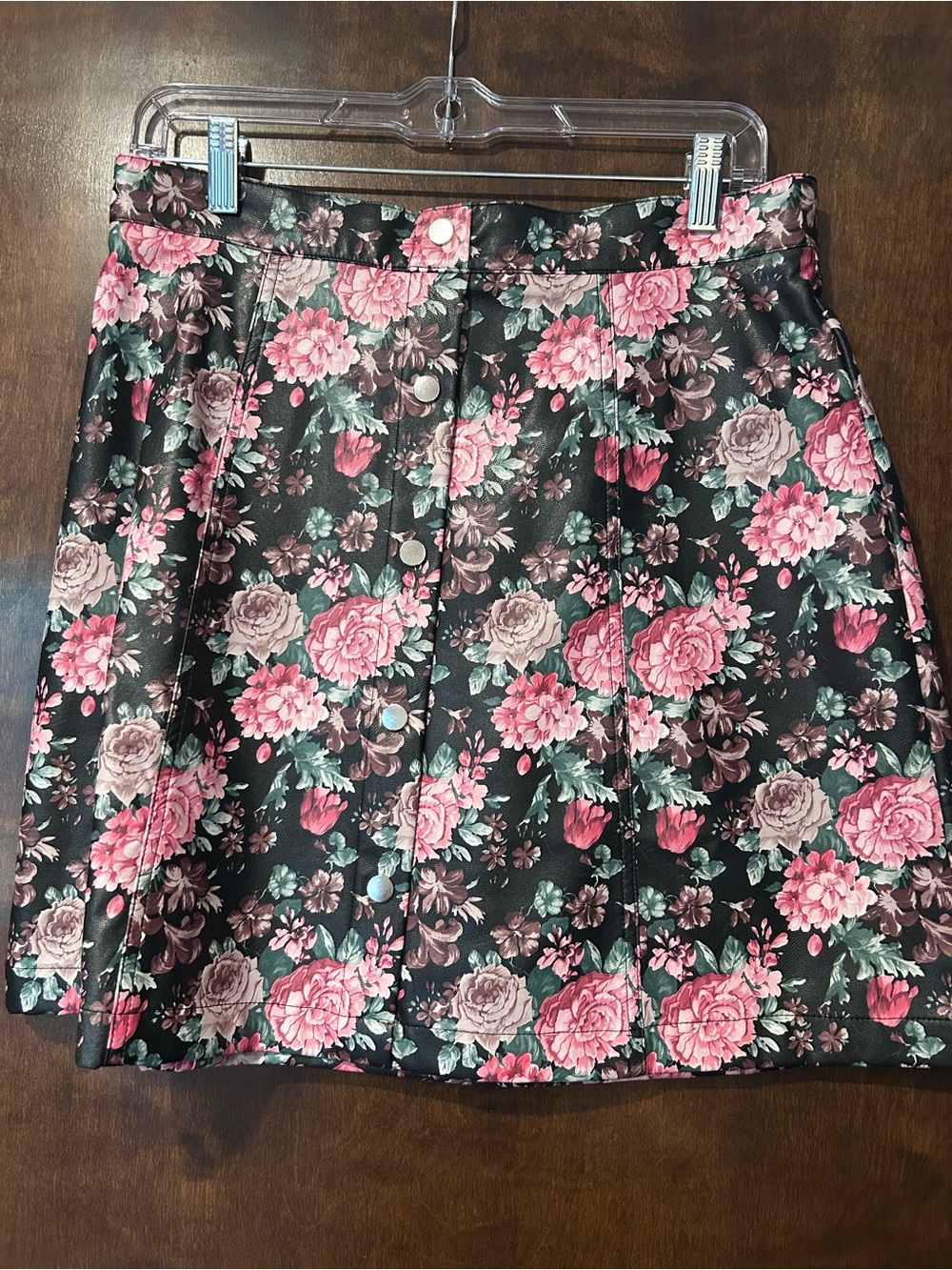ModCloth floral faux leather a line skirt